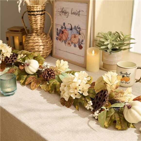 Fall Garland with Lights, 6 ft Artificial Autumn Harvest Garland - Picture 2 of 7